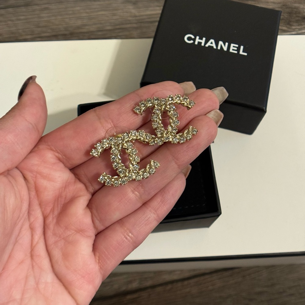 Chanel Large Gold Statement Crystal Cc Earrings - image 3